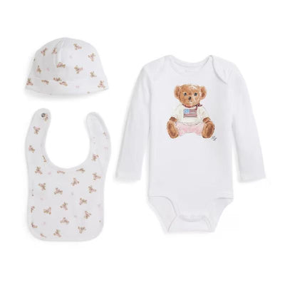 Ralph Lauren Baby - 3Pk Long-Sleeve Interlock Novelty Bear Graphic Bodysuit, Hat & Bib  Image 1