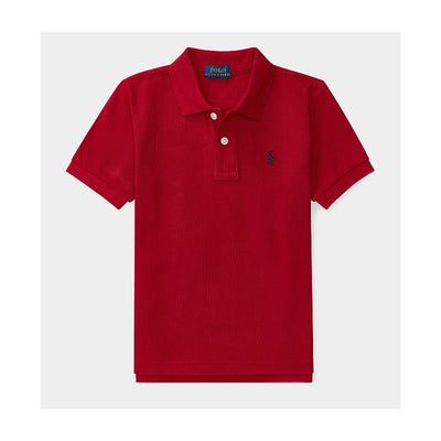 Red basic mesh polo knit shirt for babies featuring a collar, two-button placket, and small embroidered logo.