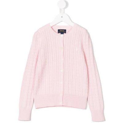 Cable-knit cotton cardigan in hint of pink with a round neck and white buttons, featuring the Polo Ralph Lauren logo.