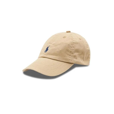 Khaki cotton chino baseball cap for babies, featuring a navy blue embroidered logo on the front.