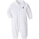 White cotton polo coverall for babies by Ralph Lauren with long sleeves and a small logo on the chest.