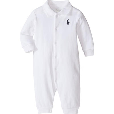 White cotton polo coverall for babies by Ralph Lauren with long sleeves and a small logo on the chest.