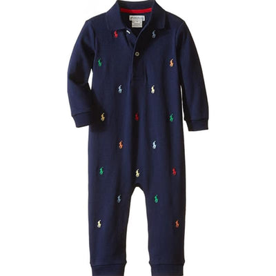 Refined navy cotton coverall for babies featuring colorful embroidered logos and a polo collar design.