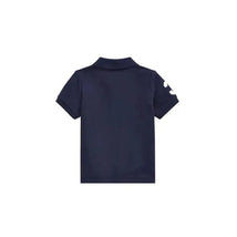 Baby knit polo shirt in French navy with short sleeves and a folded collar.