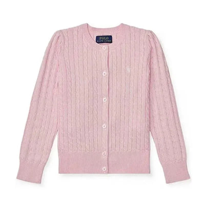 Long-sleeve pink cashmere cable knit cardigan sweater by Ralph Lauren Baby with button closure and ribbed hem.