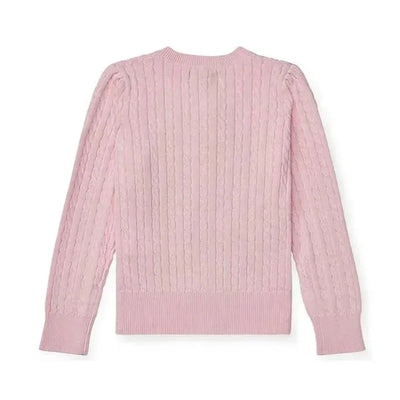 Long-sleeve pink cashmere cable knit cardigan sweater for babies, featuring ribbed cuffs and hem.