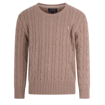 Ralph Lauren baby long-sleeve crewneck sweater in camel heather, featuring cable-knit texture and ribbed hem.