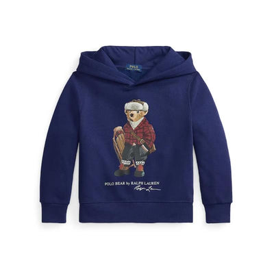 Navy long-sleeve cotton fleece hoodie featuring a graphic of a bear in a plaid outfit, holding a sled.