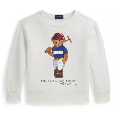Ralph Lauren Baby long-sleeve fleece sweatshirt in deckwash white featuring a graphic of a polo bear holding a mallet.