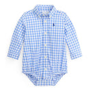 Ralph Lauren Baby Long-Sleeve Stretch Poplin Plaid Bodysuit, Blue/White Image 1