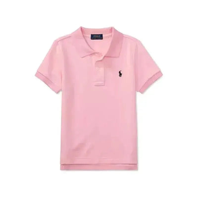 Short-sleeve baby polo shirt in Carmel Pink by Ralph Lauren, featuring a classic collar and embroidered logo.