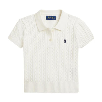 Short-sleeve white cable knit polo shirt for babies by Ralph Lauren, featuring a collar and a navy logo on the chest.
