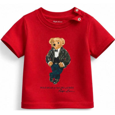 Red short-sleeve T-shirt featuring the iconic Polo Bear in a tuxedo and leather jacket design, by Ralph Lauren.