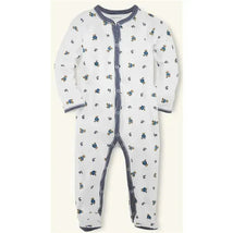 Cotton coverall in French navy with Ralph Lauren bear print, featuring long sleeves and button front closure.