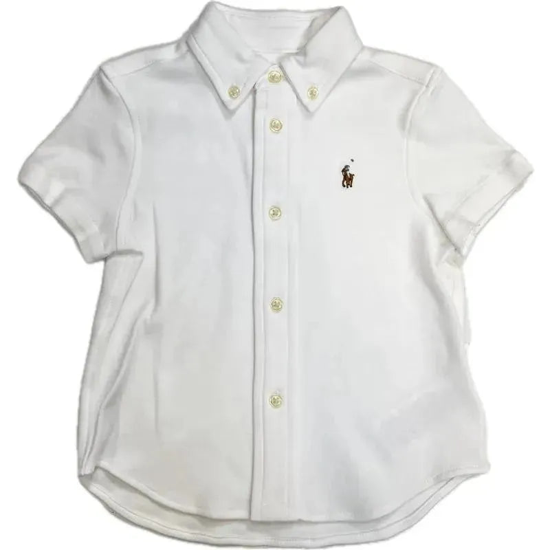 Ralph Lauren - Short Sleeve Interlock Knit SportShirt W/ Seersucker Short Set 12M, White Image 2