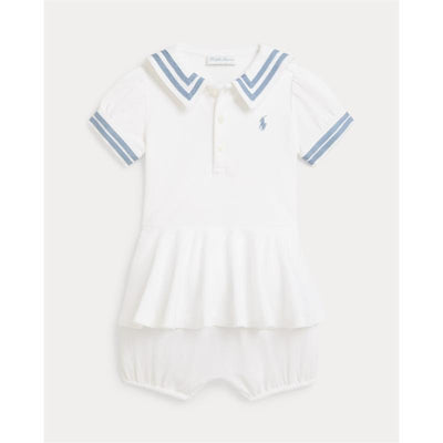 Ralph Lauren Short-Sleeve Stretch Mesh Sailor Peplum Bubble Shortall, White Image 1