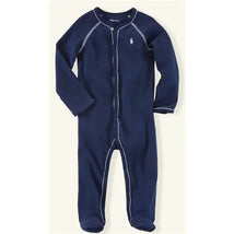 Solid cotton footed coverall in French Navy with long sleeves and zipper front, featuring the Ralph Lauren logo.