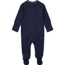 Solid French navy coverall for newborn boy with long sleeves and footed bottom.