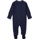 Solid French navy coverall for newborn boy with long sleeves and footed bottom.