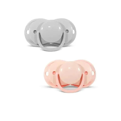 Light pink and gray pacifiers with round knobs, part of the Razbaby Keep It Kleen Pacifier 2Pk.