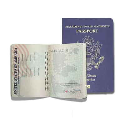 Maternity passport by Macrobaby, featuring the title, American flag design, and a printed page with identification details.