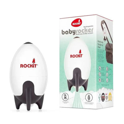 Rechargeable Rockit baby rocker designed to rock strollers or prams, shown with packaging displaying features and instructions.