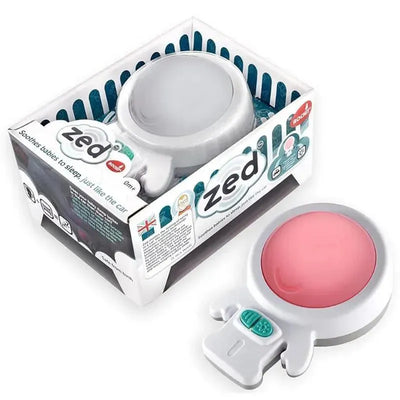 Calming Vibration Sleep Soother in packaging, featuring a grey body and a pink light-emitting surface.