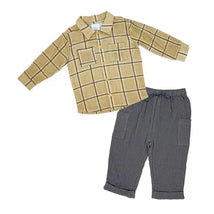 Beige plaid long-sleeve shirt with yellow buttons and gray gauze pants with side pockets, designed for baby boys.