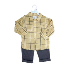 Beige plaid button-up shirt with yellow buttons paired with dark gray pants, designed for baby boys.