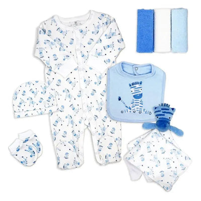 Gift set for baby boys featuring a giraffe-themed onesie, hat, bib, plush toy, and washcloths in blue and white.