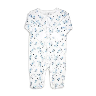 White baby onesie featuring a giraffe print in blue and black, designed for baby boys.