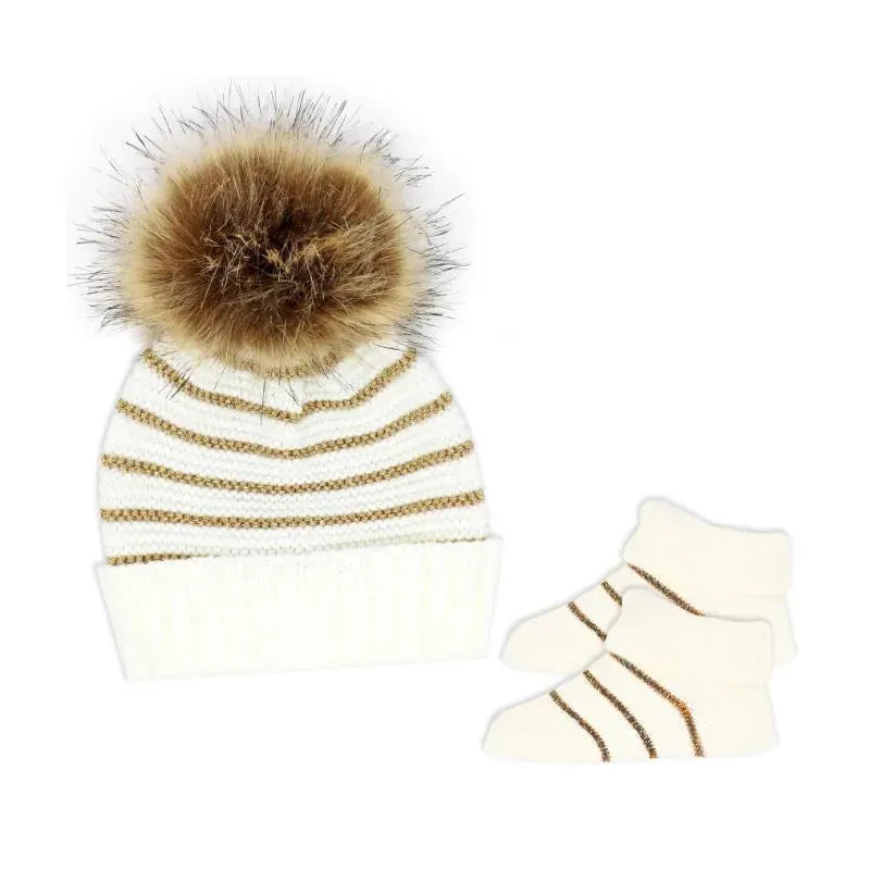 Rose Textile - Baby Blish Gold Lurex Stripe Hat & Bootie Set  Image 1
