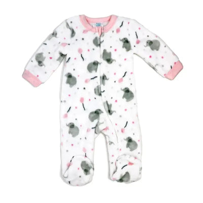 Baby girl fleece sleeper with pink elephant print, featuring pink cuffs and a front zipper closure.