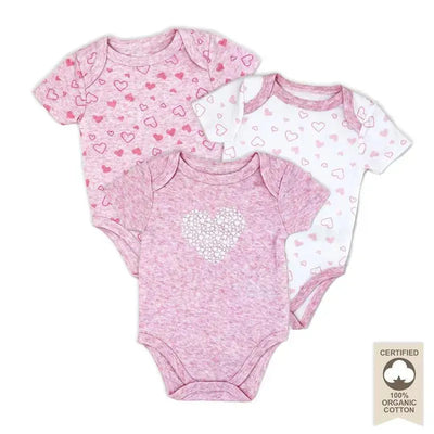 Three pink bodysuits in a pack, featuring heart patterns and a heart design, made from 100% organic cotton.