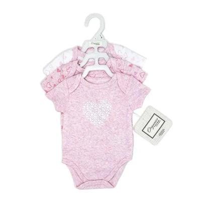 Three-pack of 100% organic pink bodysuits featuring heart designs, one with a heart graphic, hanging on a clothing rack.