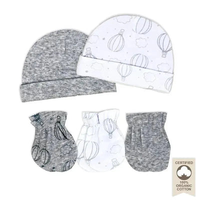 Rose Textiles - 100% Organic Cotton 5 Pack - Hat & Mitt Set, Grey Hot Air Balloon Image 1