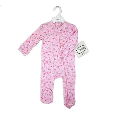 100% organic pink sleeper with heart patterns, featuring long sleeves and a front zipper, displayed on a hanger.