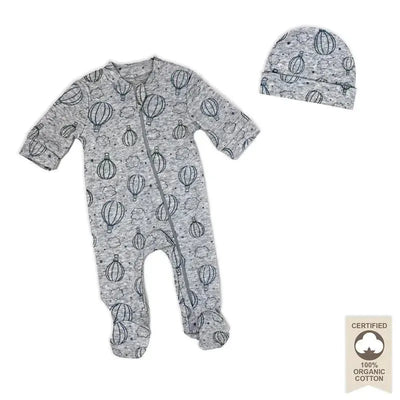 Rose Textiles - 100% Organic Heather Hot Air Balloon Sleeper + Hat, Grey Image 1