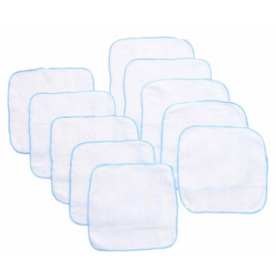 Ten soft blue-trimmed white baby washcloths stacked together, ideal for gentle cleaning during bath time.