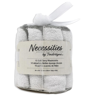Pack of 10 soft grey baby washcloths wrapped in a clear plastic band with a label detailing product description and dimensions.