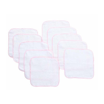 Pack of 10 baby washcloths in white with pink borders, ideal for gentle cleaning and bathing of infants.