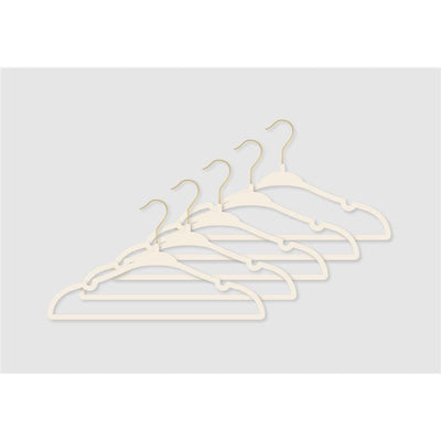Ivory hangers with gold hooks displayed in a row, showcasing a pack of ten from Rose Textiles.
