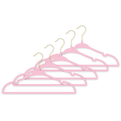 Rose Textiles 10-pack of pink hangers with gold hooks, designed for clothing organization.