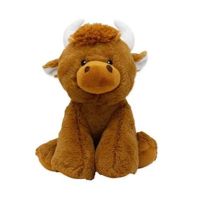 Brown plush Highland cow with white horns and a soft, fuzzy texture, designed as a sitting toy.