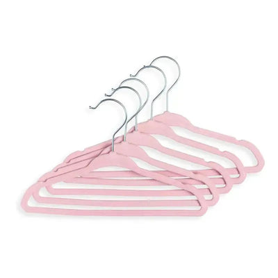 Set of five pink textile hangers with chrome hooks, designed for organizing clothing.