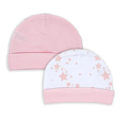 Two soft baby hats from Rose Textiles, one solid pink and the other white with pink star patterns.