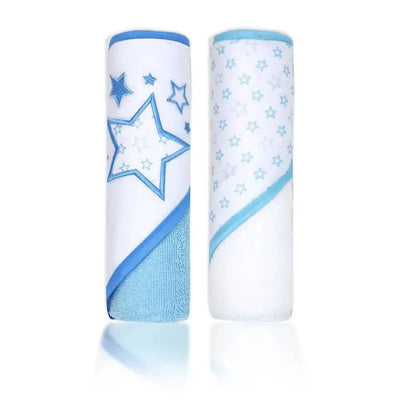 Hooded towel set featuring two towels; one with blue stars and a white background, the other in a star pattern.