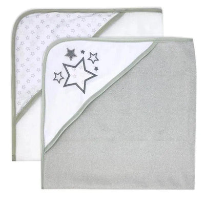 Hooded towel set in grey with star patterns, includes two towels: one with stars and one solid grey.