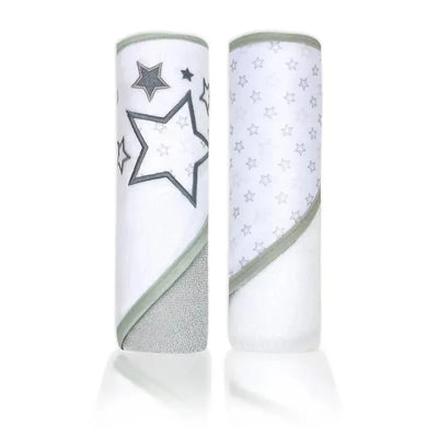 Hooded towel set featuring grey stars on two towels, one with a large star design and the other with a star print.