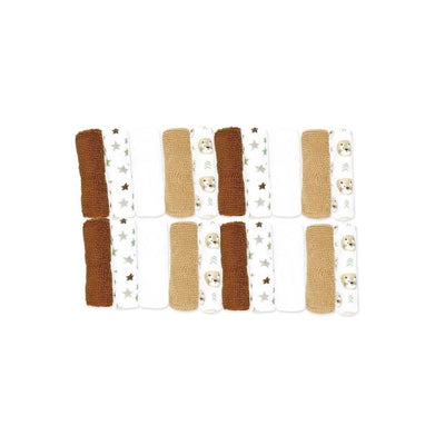 Tan lion-themed washcloth set featuring 20 individual washcloths in various patterns and colors arranged in a grid.